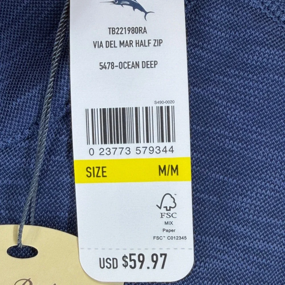 Tommy Bahama Via Del Mar Half Zip Pullover Men's M‎ Ocean Deep Heather Blue
